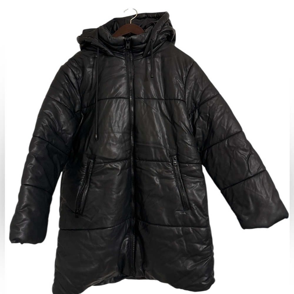Marc by Marc Jacobs Faux Leather Puffer Jacket Mid Length Size Medium Black